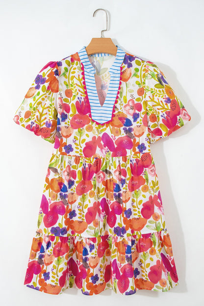 Floral Ricrac Trim Stripe Patchwork V-Neck Dress