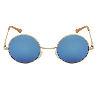 ELTON - Retro Small Metal Circle Round Sunglasses Gold Blue Mirror Lens