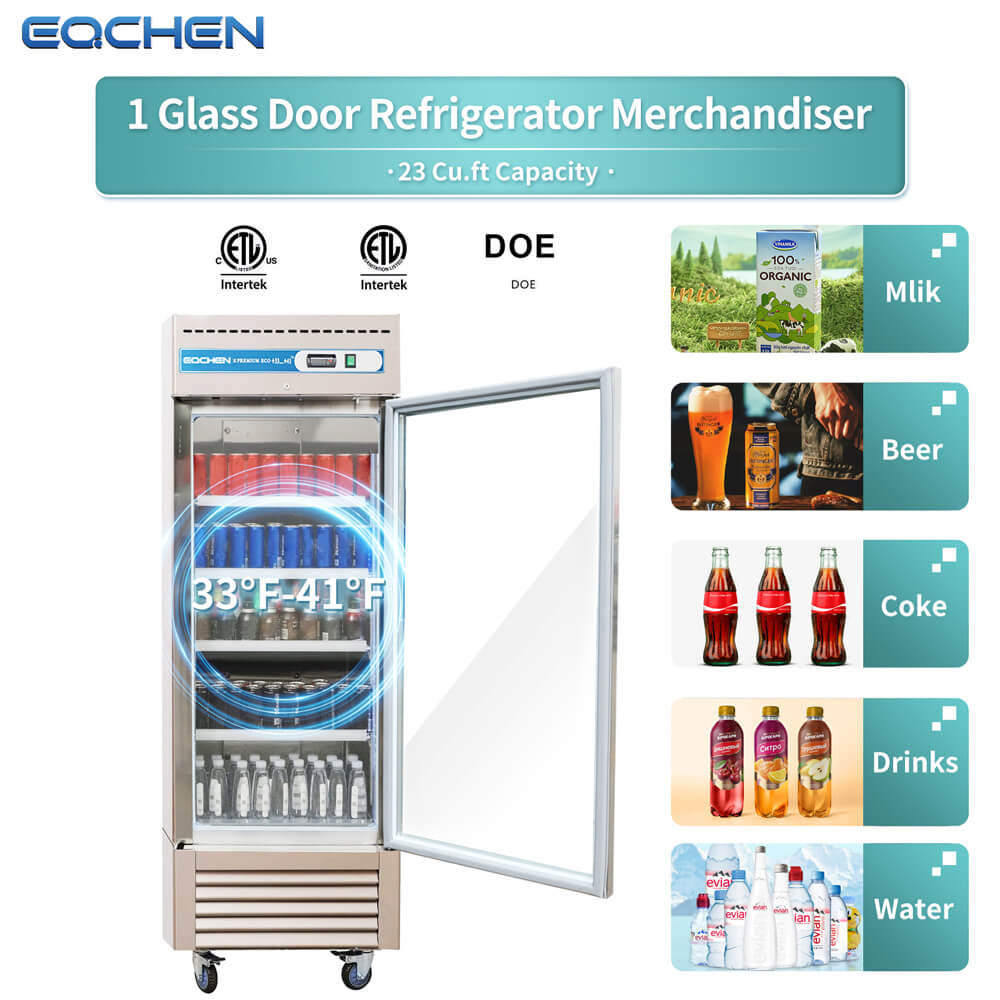1 Door Commercial Beverage Refrigerator, EQCHEN 27 Inch Commercial Glass Door Refrigerator