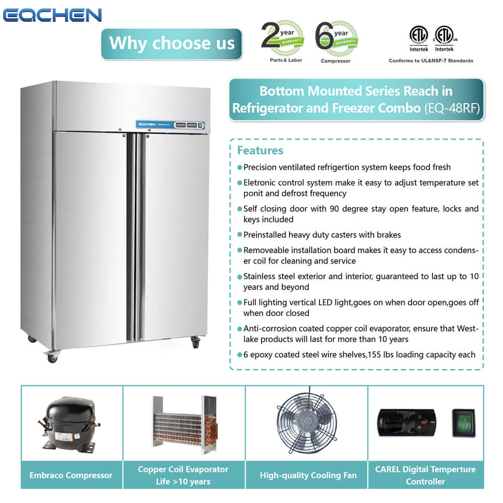 Commercial Fridge and Freezer Combo, EQCHEN 48" 2 door Reach-In Commercial Refrigerator and Freezer Combination