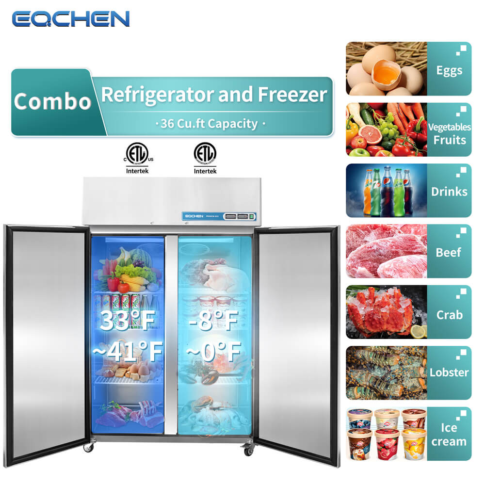 Commercial Fridge and Freezer Combo, EQCHEN 48" 2 door Reach-In Commercial Refrigerator and Freezer Combination