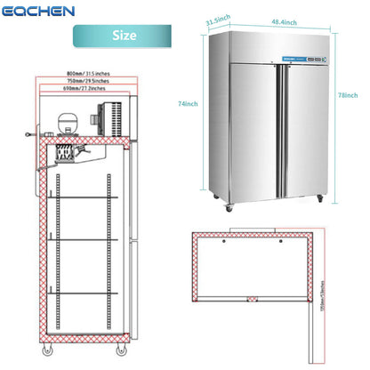 Commercial Fridge and Freezer Combo, EQCHEN 48" 2 door Reach-In Commercial Refrigerator and Freezer Combination