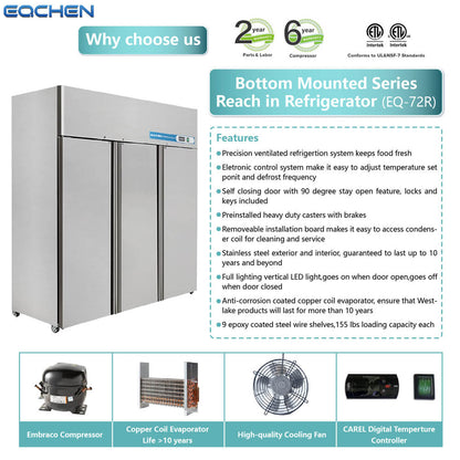 Commercial Reach in Fridge, 3 door 54 Cu.ft  Stainless Steel Commercial Reach in Solid door Upright refrigerator