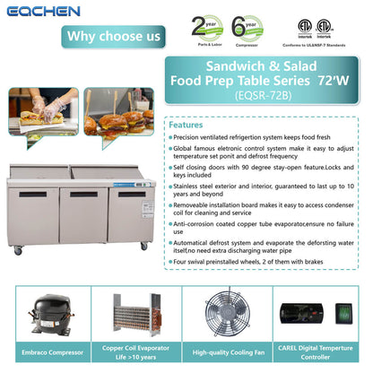 72 inch Salad Sandwich Prep Table Refrigerator, Stainless Steel Food Prep Cooler