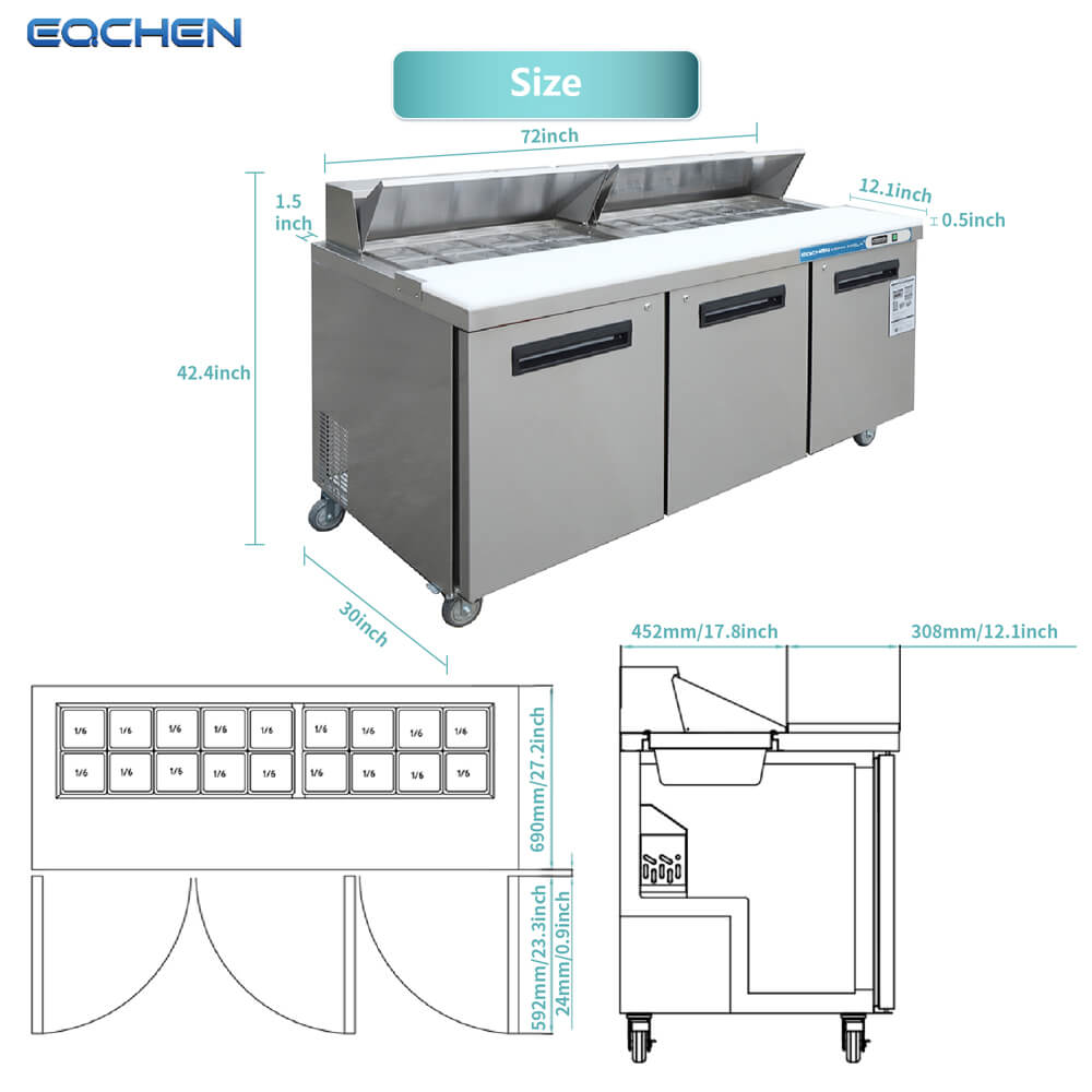 72 inch Salad Sandwich Prep Table Refrigerator, Stainless Steel Food Prep Cooler