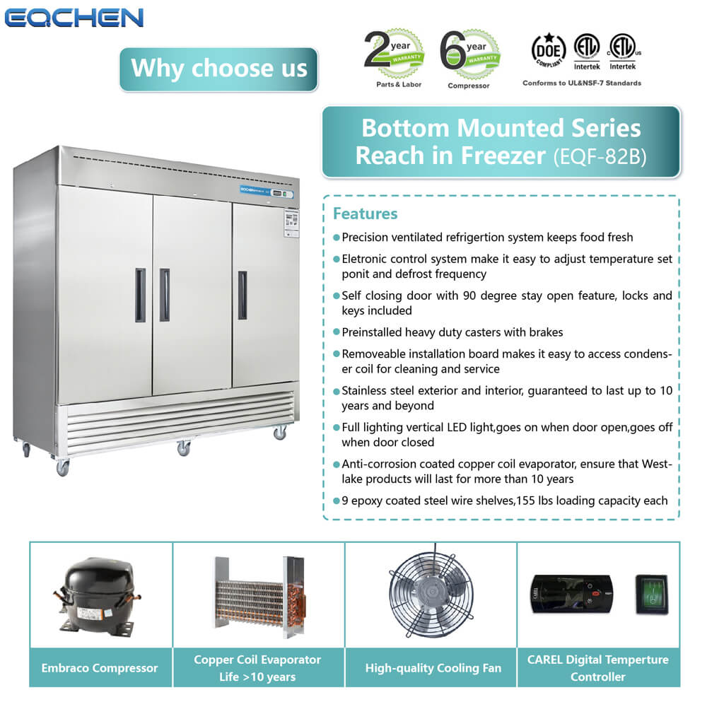 Commercial Reach in Freezer, 3 door 72 Cu.ft Stainless Steel Commercial Upright Freezer