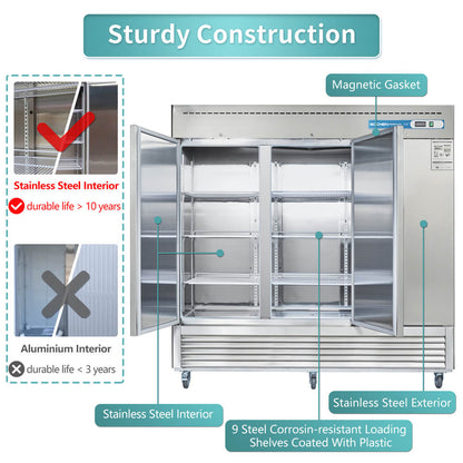EQCHEN 82 Inch 3 Door Commercial Freezer