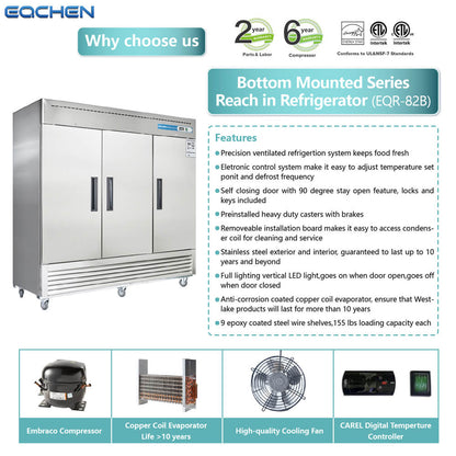 Commercial Reach in Refrigerator, 3 door 72 Cu.ft Stainless Steel Commercial Upright Refrigerator