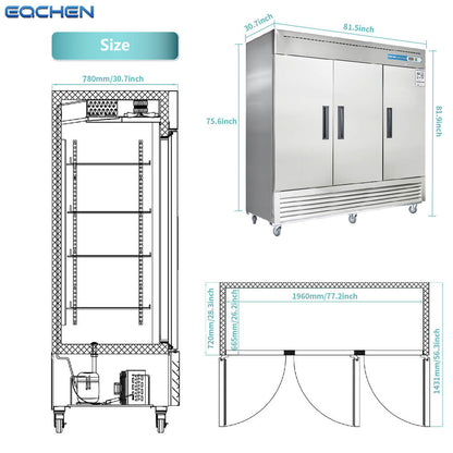 Commercial Reach in Refrigerator, 3 door 72 Cu.ft Stainless Steel Commercial Upright Refrigerator
