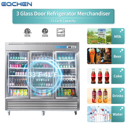 3 Door Commercial Display Refrigerator, EQCHEN 82 Inch Commercial Drinks Fridge