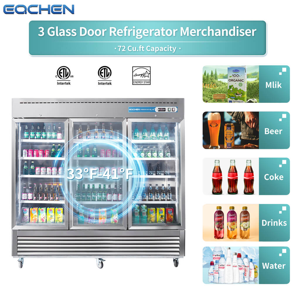 3 Door Commercial Beverage Refrigerator, EQCHEN 82 Inch Commercial Glass Door Refrigerator