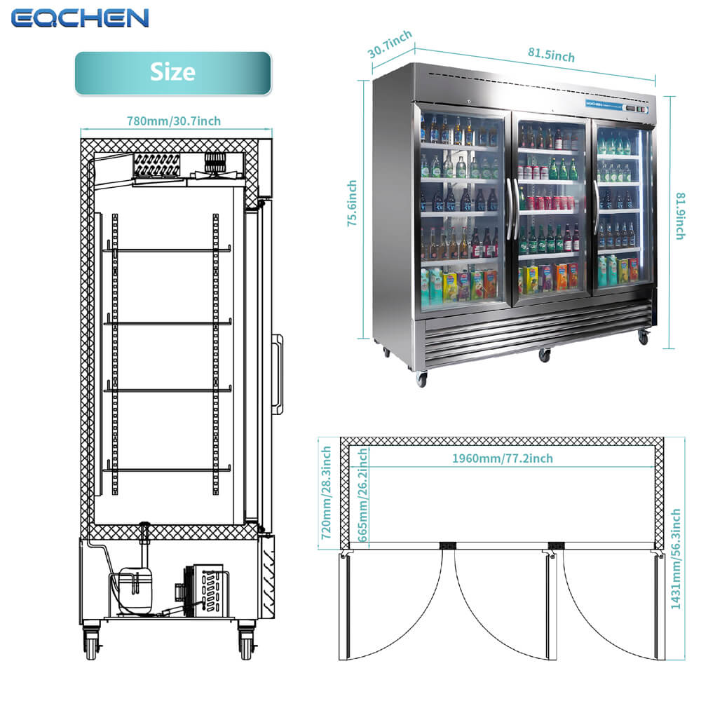 3 Door Commercial Beverage Refrigerator, EQCHEN 82 Inch Commercial Glass Door Refrigerator