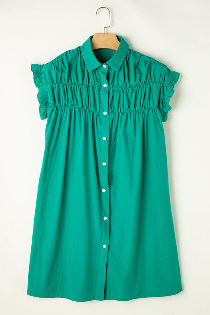 Solid Shirred Ruffle Sleeve Buttoned Mini Dress