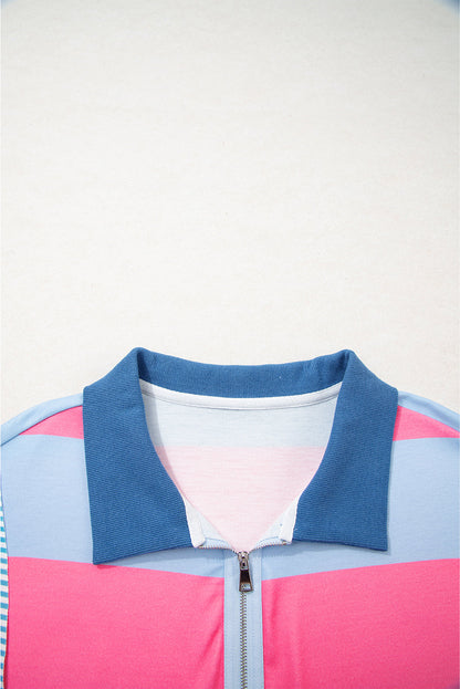 Plus Size Stripe Colorblock Patchwork Half-Zip Top