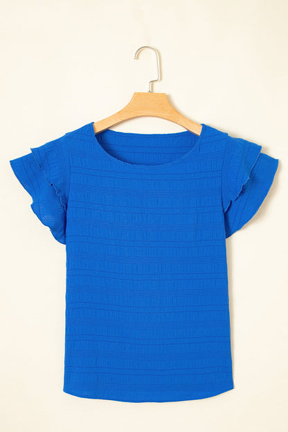 Solid Textured Ruffled Sleeve Round Neck Top