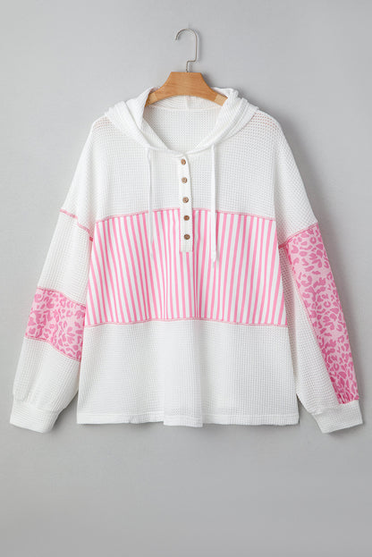 Plus Size Stripe Leopard Patchwork Waffle Knit Buttoned Hoodie