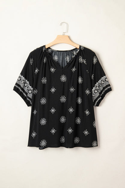 Plus Size Boho Floral Boho Notch V-Neck Top