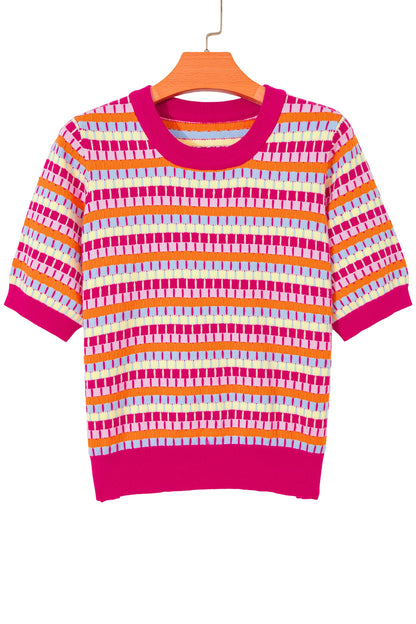 Abstract Stripe Short Sleeve Sweater Knit Top