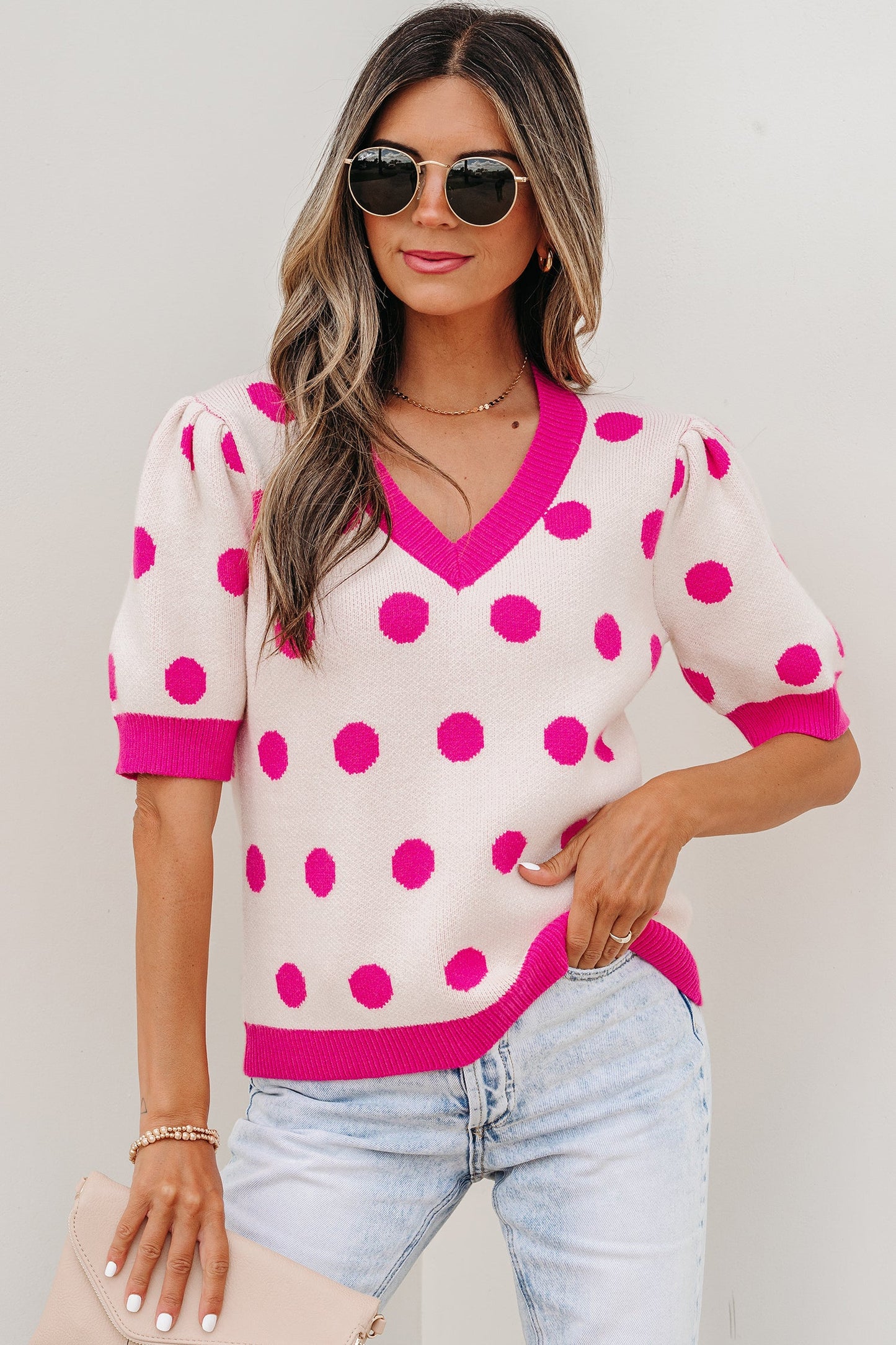 Polka Dot Puff Short Sleeve Sweater Top