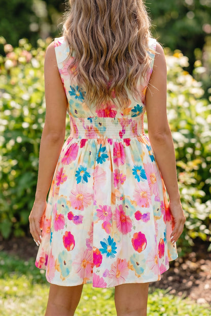 Floral Zip Up V-Neck Smocked Flared Mini Dress