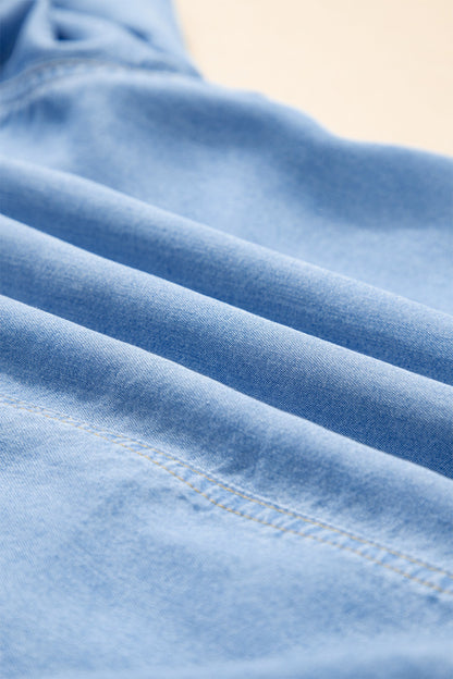 Denim Chambray Ruffle 3/4 Sleeve Buttoned Shirt