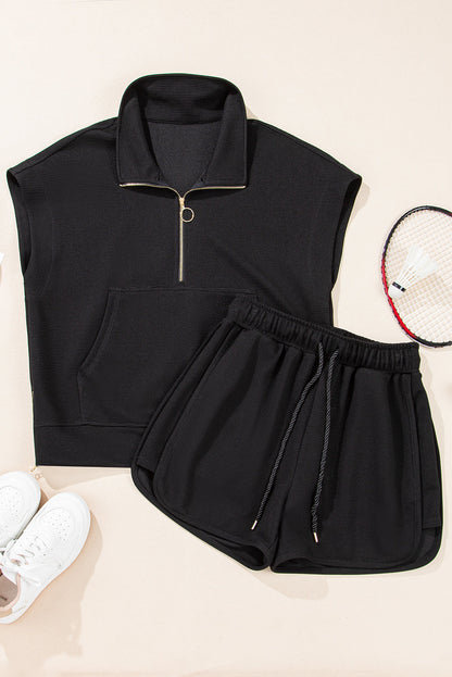Textured Half-Zip Top & Drawstring Shorts Set
