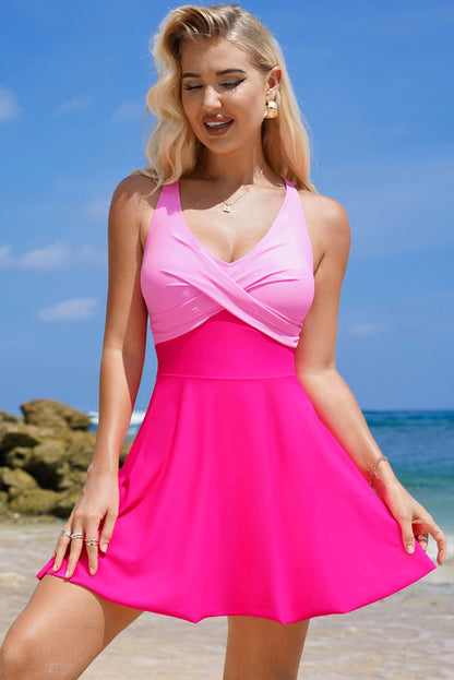 Colorblock Crisscross Straps Tie Back Flared Swimsuit