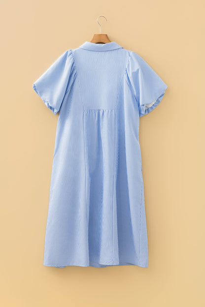 Plus Size Stripe Shirred Collared V-Neck Midi Dress