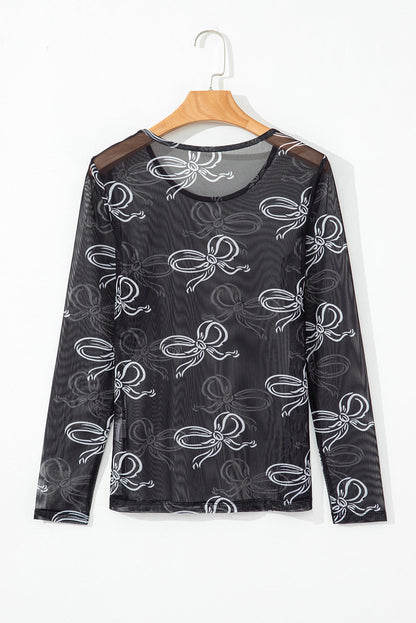 Bow Tie Mesh Long Sleeve Top