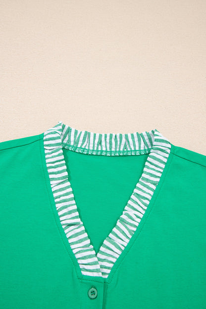 Plus Size Stripe Trim Ruffle Sleeve V-Neck Blouse