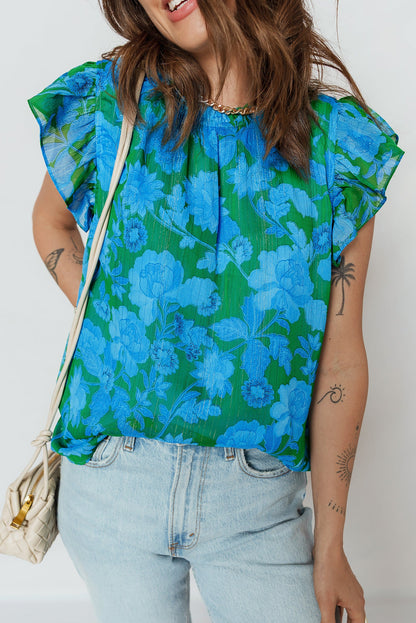Floral Ruffle Sleeve Keyhole Back Blouse