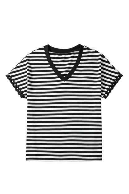 Stripe V-Neck Lace Trim Short Sleeve Tee