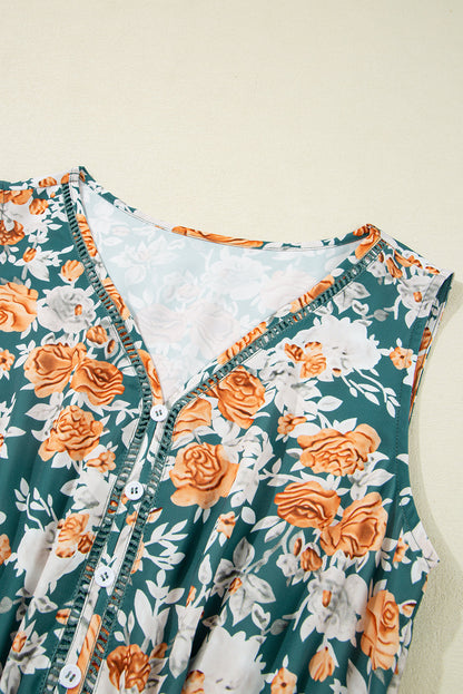Floral Buttoned V-Neck Tie Waist Maxi Dress
