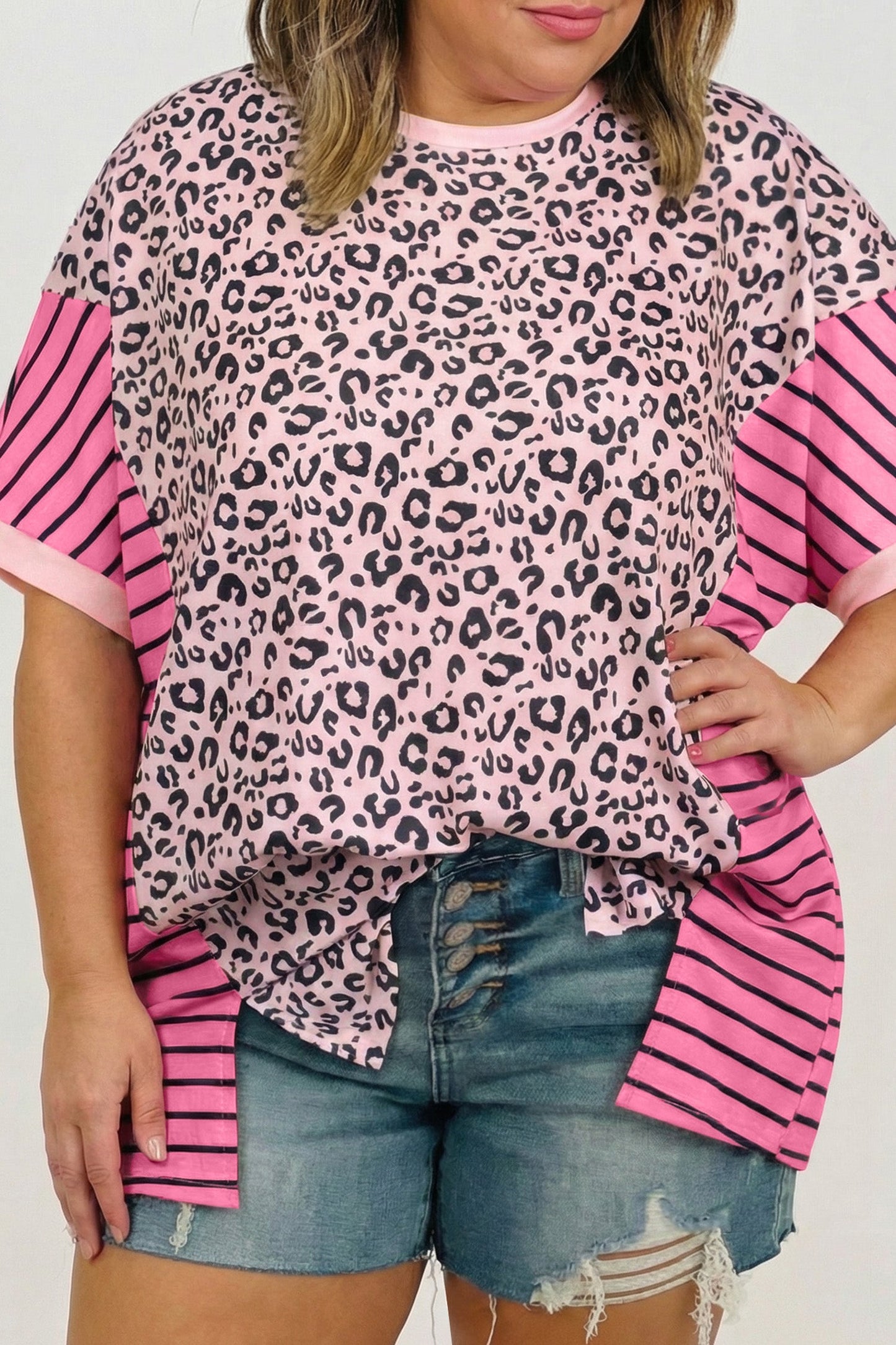 Plus Size Leopard Stripe Contrast Patchwork Tee