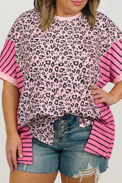 Plus Size Leopard Stripe Contrast Patchwork Tee