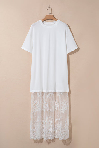 Solid Lace Patchwork Short Sleeve Maxi Dress
