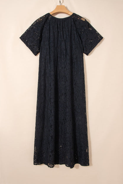 Lace Overlay Tassel Tie Short Sleeve Maxi Dress