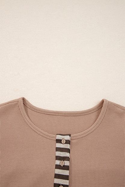 Stripe Plaid Patchwork Waffle Knit Henley Top