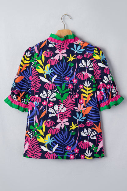 Floral Frilled Contrast Stripe V-Neck Blouse