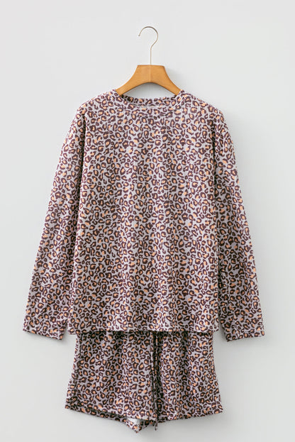 Leopard Ribbed Long Sleeve Top and Shorts Set