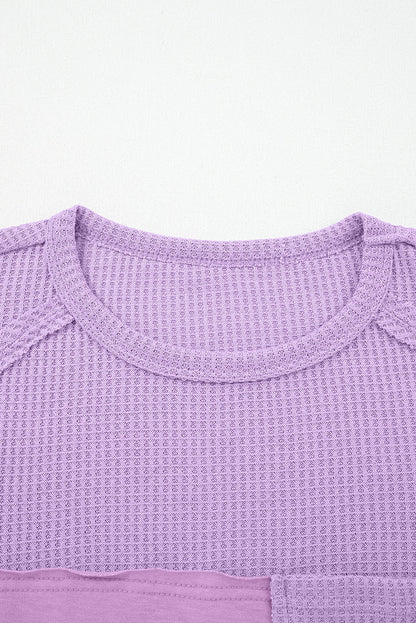 Colorblock Waffle Knit Patchwork Long Sleeve Top