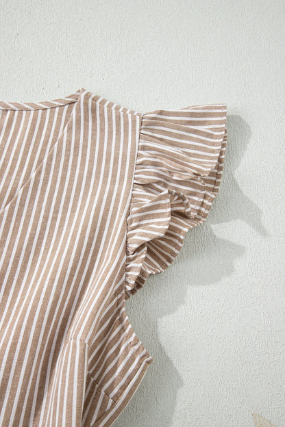 Stripe Flutter Sleeve Buttoned V-Neck Maxi Dress