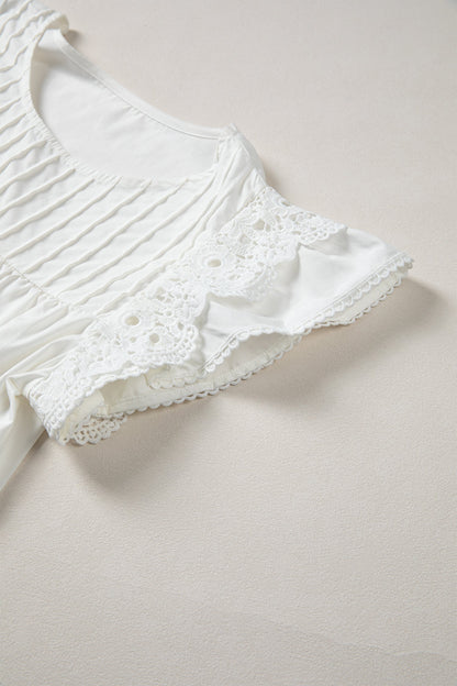 Lace Flutter Sleeve Pleated Round Neck Blouse