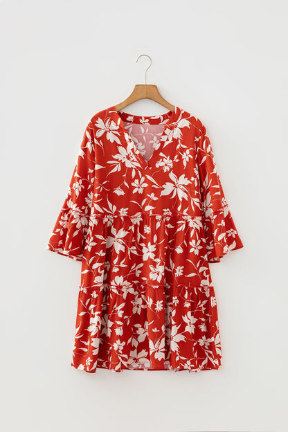 Boho Floral Lettuce Trim 3/4 Sleeve Mini Dress