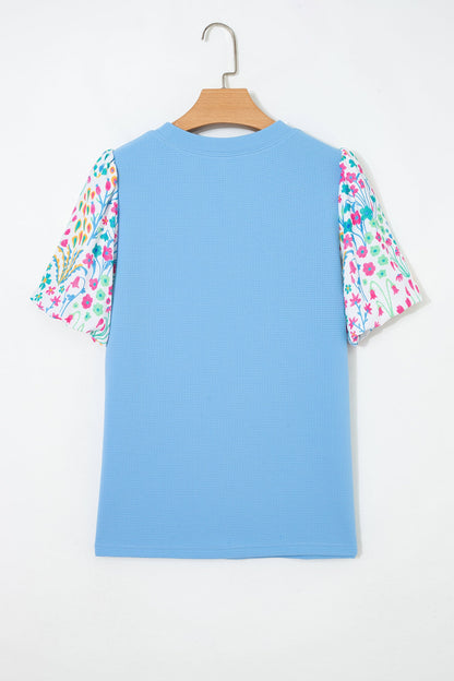 Floral Patchwork Bubble Sleeve Textured Blouse
