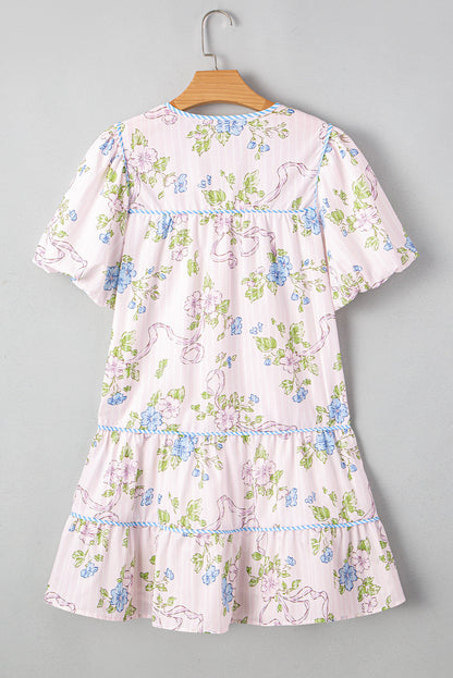 Floral Stripe Contrast Tie Split Neck Mini Dress