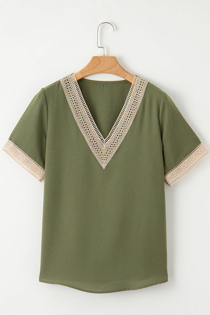 Contrast Lace Trim V-Neck Short Sleeve Blouse