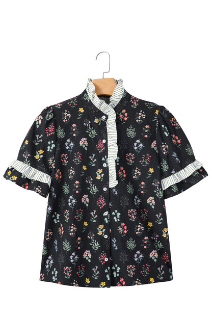 Floral Contrast Frill Trim Short Sleeve Shirt