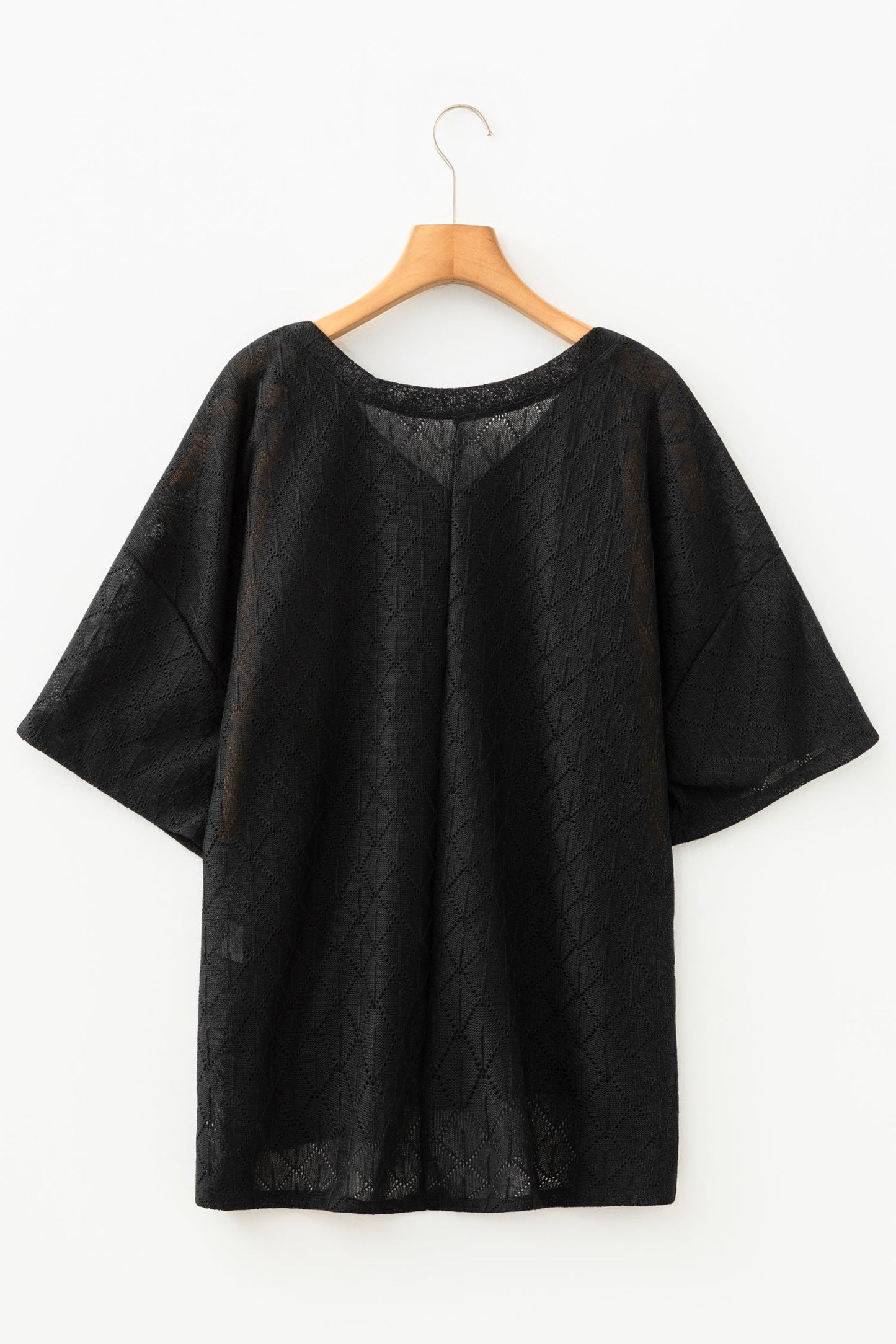 Plus Size Solid Pointelle Knit Rhombus V-Neck Top