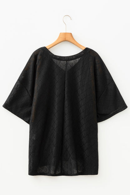 Plus Size Solid Pointelle Knit Rhombus V-Neck Top
